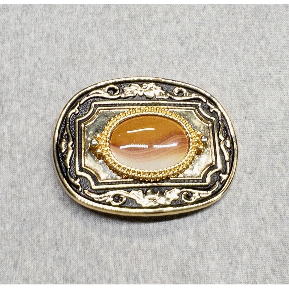 Vtg Western Gold Toned Belt Buckle Polished Agate Rodeo Southwestern Country - Picture 2 of 7